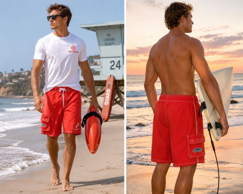 Original Watermen Guard Swim Trunks Mens M Red Surf Board Shorts Stretch